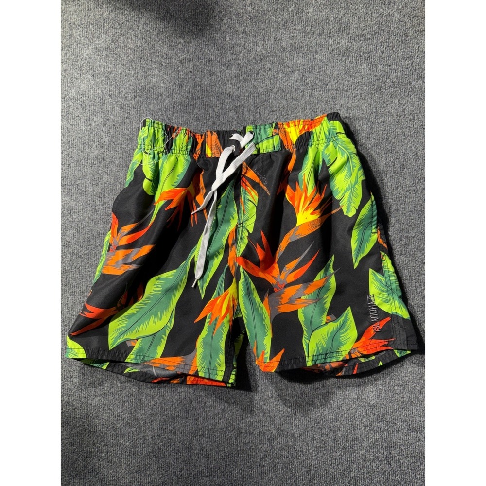 Island Haze Mens Swim Trunks Medium Black Bird of Paradise Tropical Floral Short